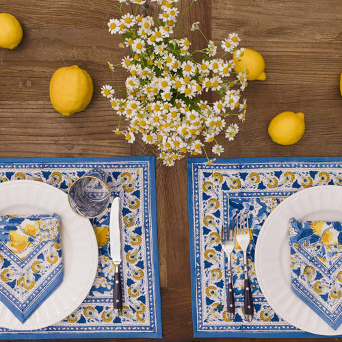 blue and yellow table linens