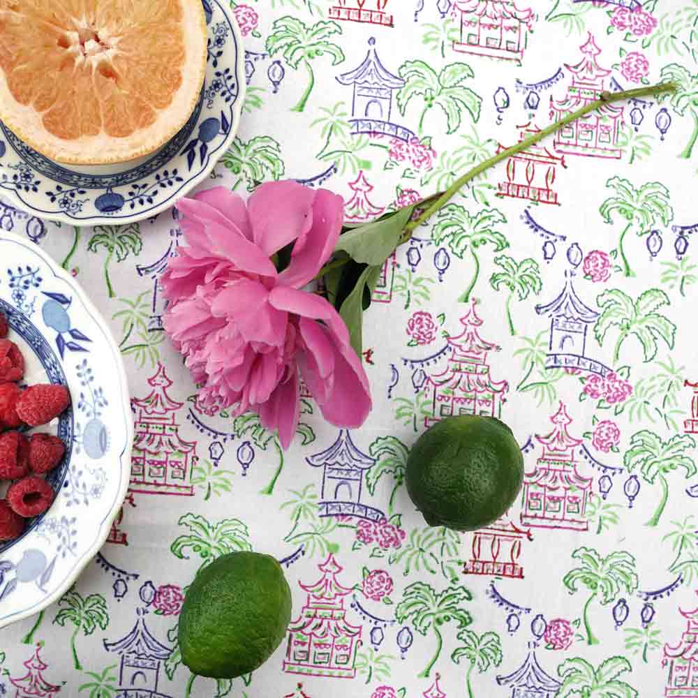 Palms & Pagodas Tablecloth - Pomegranate