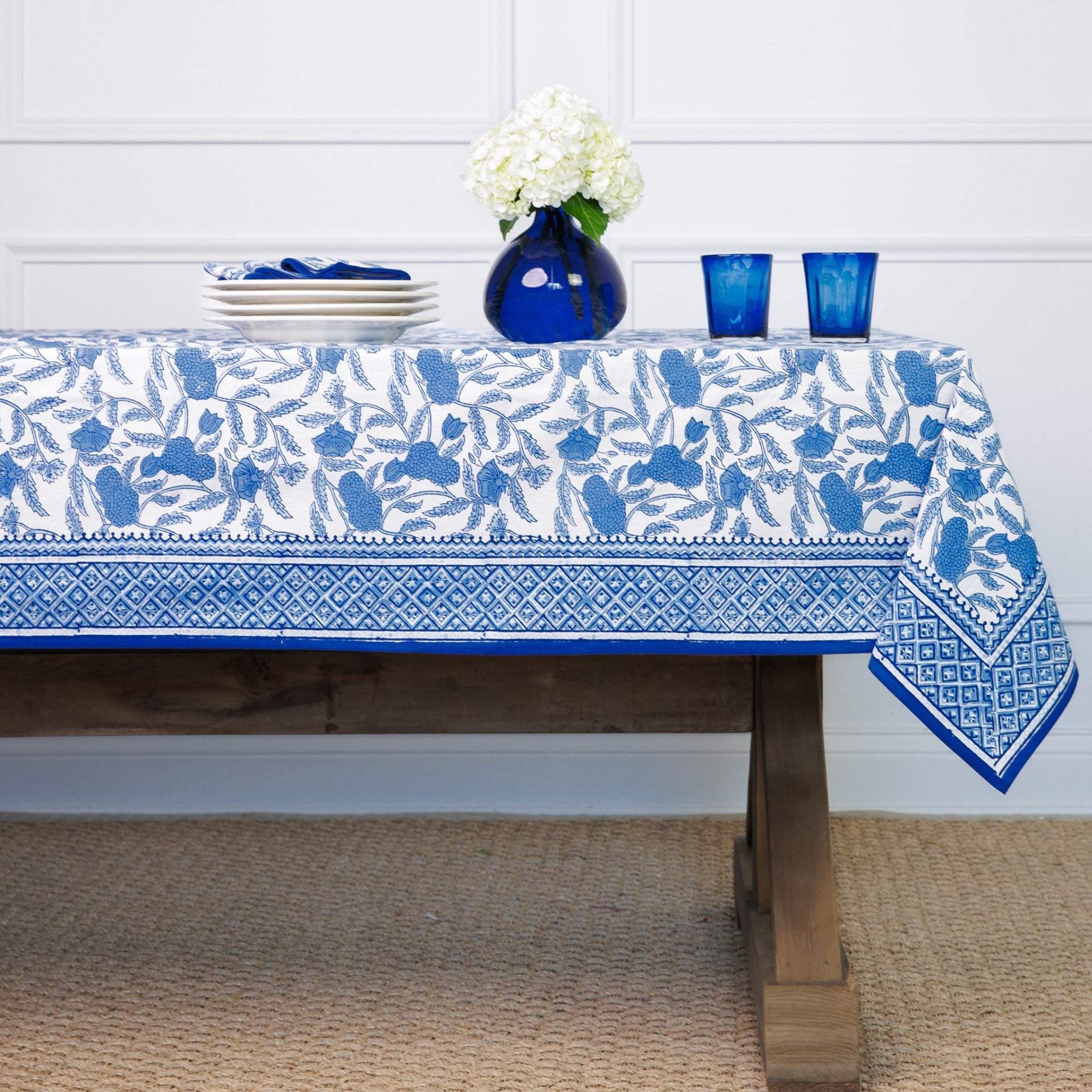 Blue Jalore Hand Block Printed Blue & White Floral Cotton Tablecloth