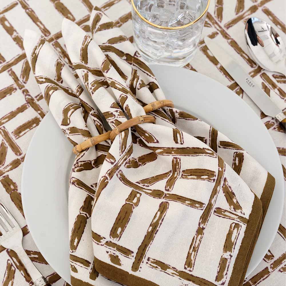 Brown Bamboo Geometric Brown & White Neutral Cotton Hand Block Printed Napkins