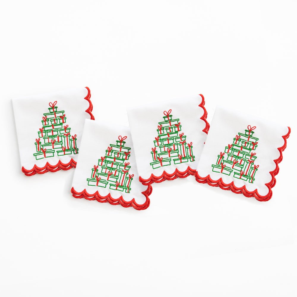 Embroidered Christmas Tree of Gifts Holiday Cocktail Napkins
