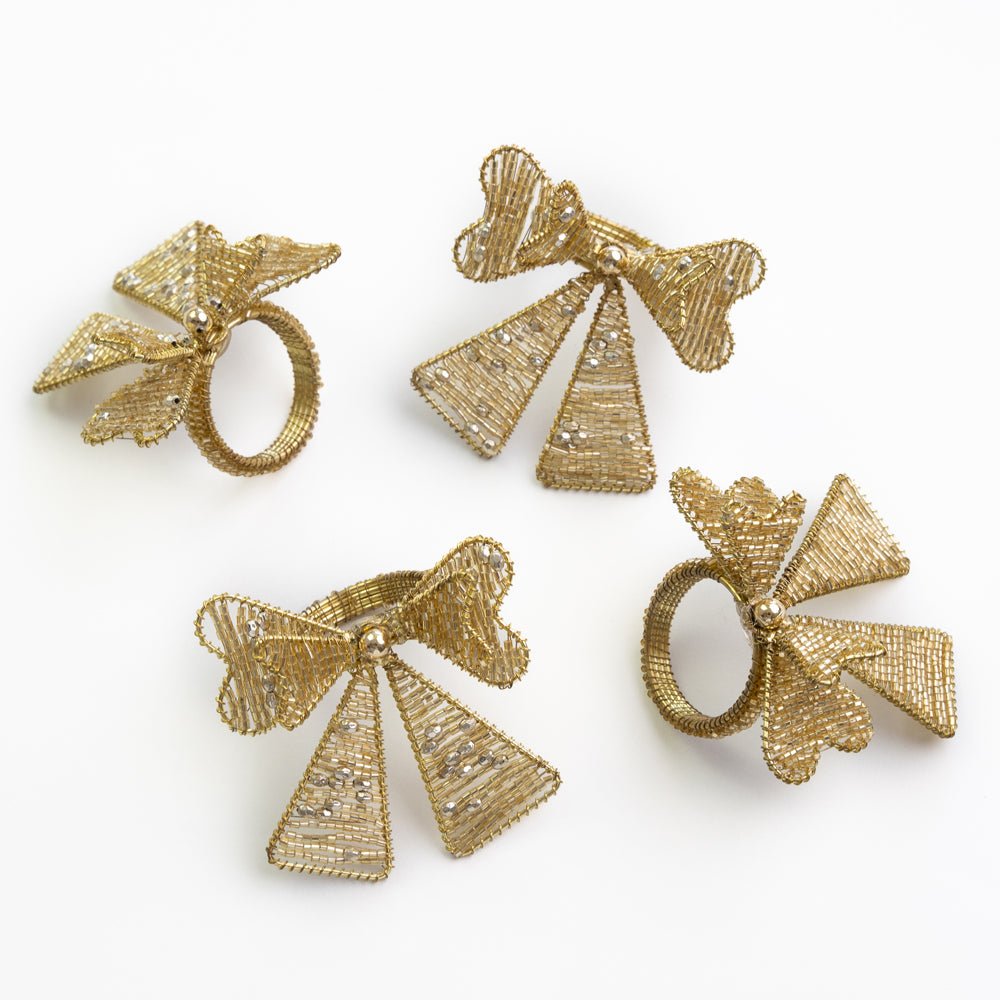 Gold Bow Shaped Beaded Napkin Rings