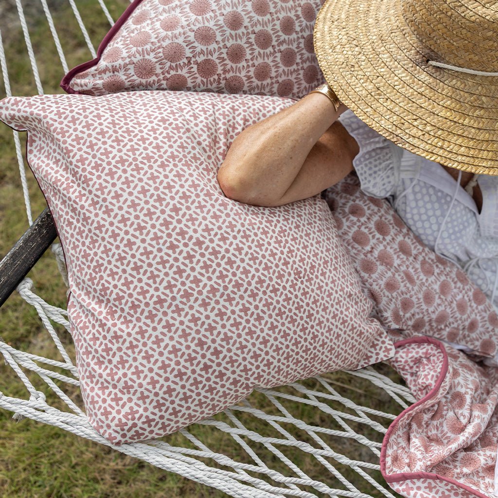 India Hicks Home Joker's Rosette & Full Deck Dusty Pink Quilted Euro Sham - Pomegranate