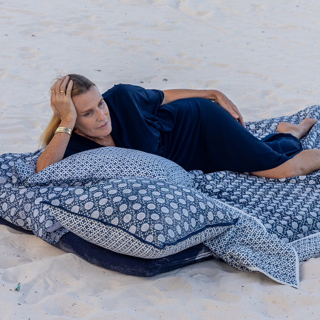 India Hicks Home Joker's Rosette & Full Deck Navy Decorative Pillow Cover - Pomegranate