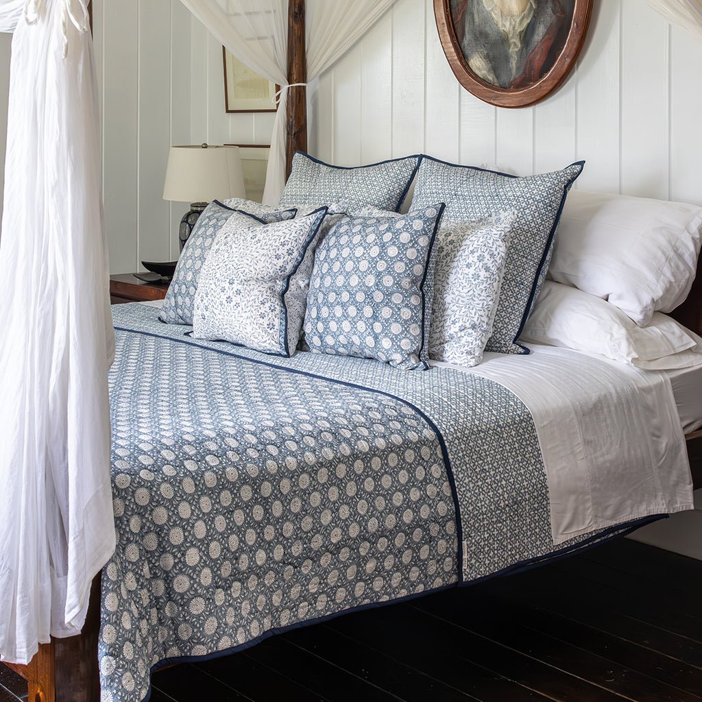 India Hicks Home Joker's Rosette & Full Deck Dusty Blue Coverlet - Pomegranate