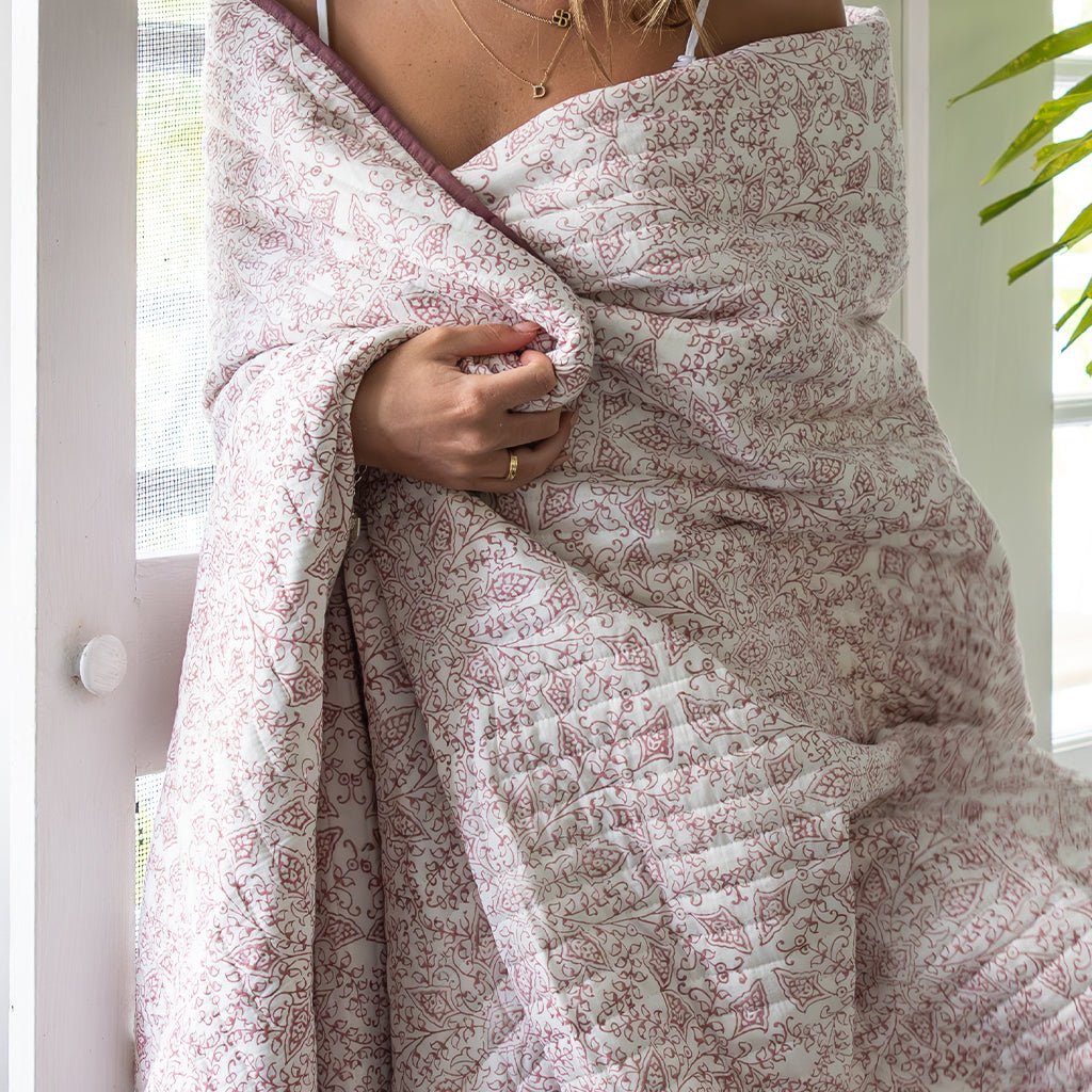 India Hicks Home Queen's Bloom & Kings Lace Dusty Pink Coverlet - Pomegranate