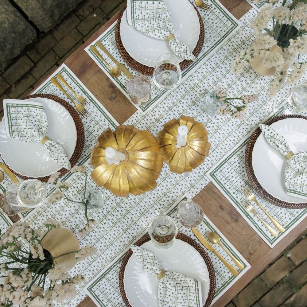 India Hicks Home x Pomegranate Palm Avenue Hunter Green & White Hand Block Printed Cotton Canvas Placemats, Table runner, and napkins
