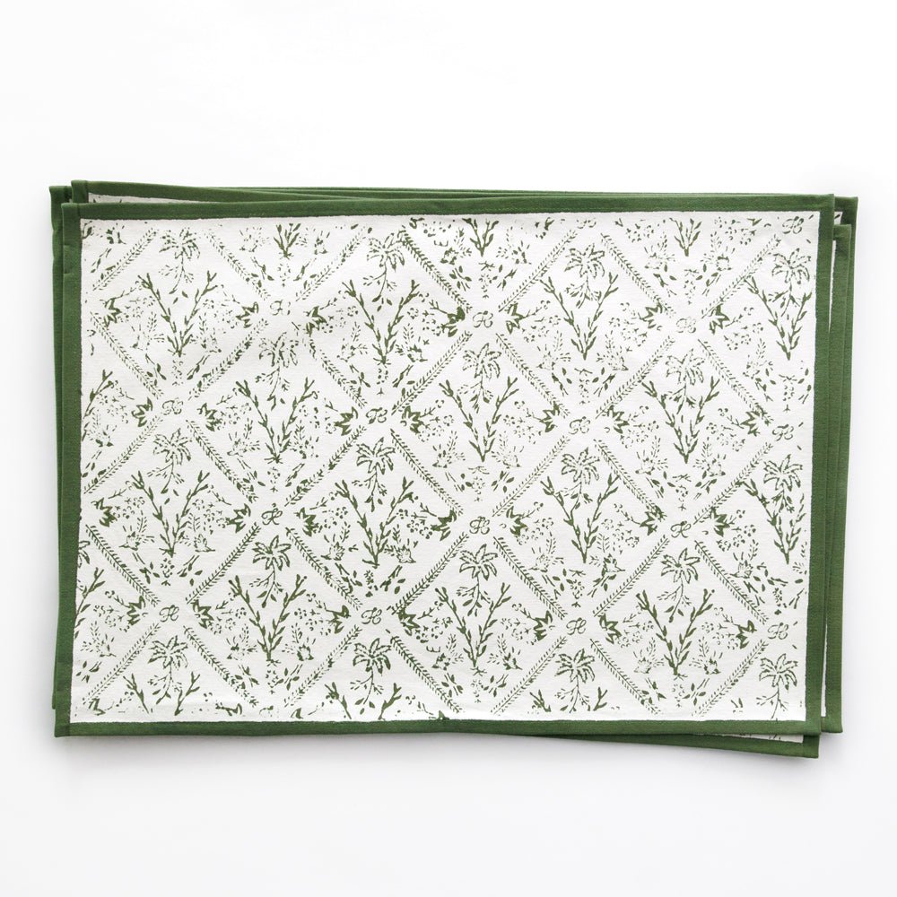 India Hicks Home Sea Ferns & Domino Hunter Green Hand Block Printed Cotton Canvas Placemats