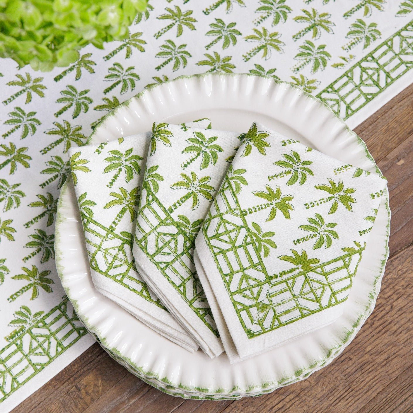 Palm Tree Green Hand Block Printed Cotton Napkins