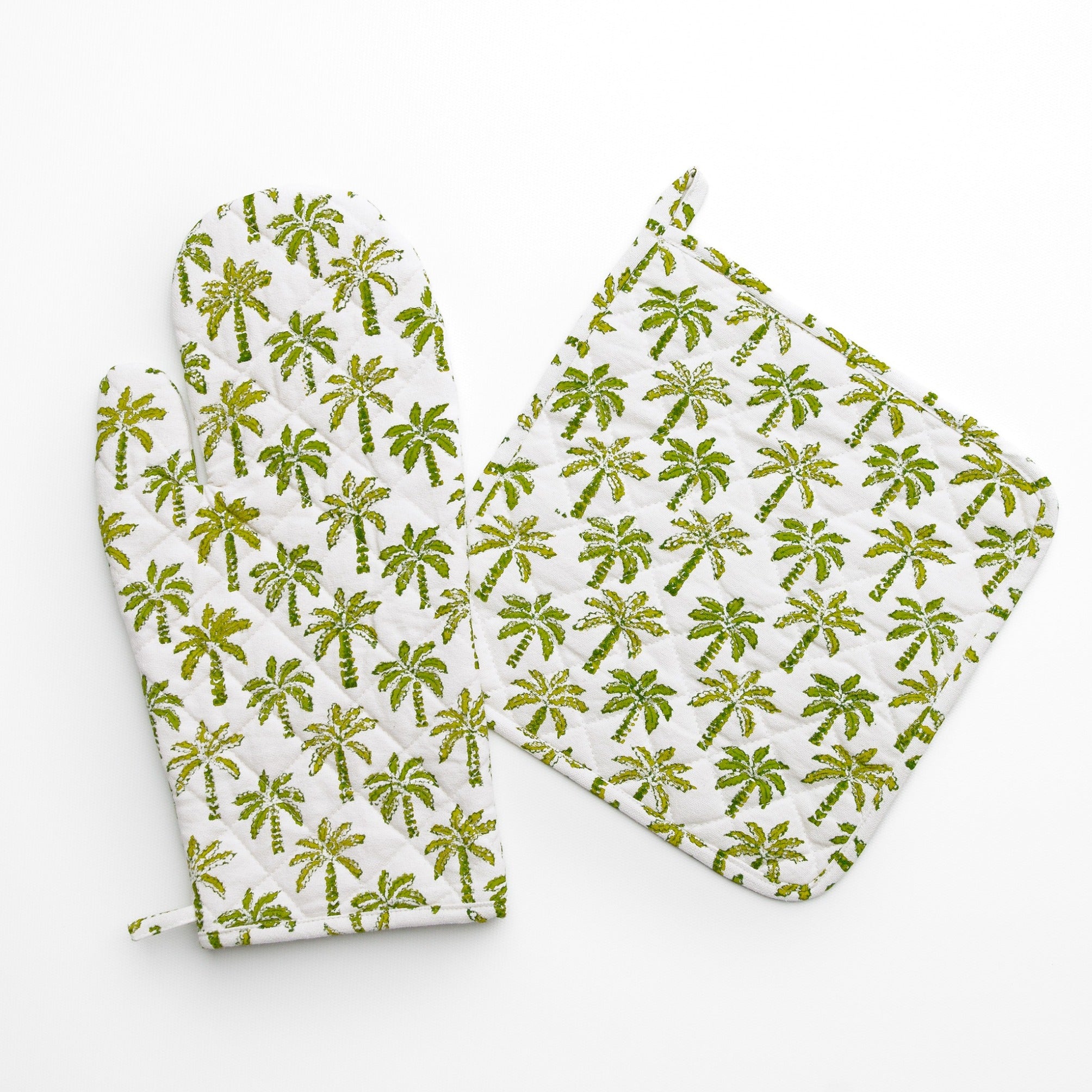 Palm Tree Green Hand Block Printed Oven Mitt & Pot Holder Set