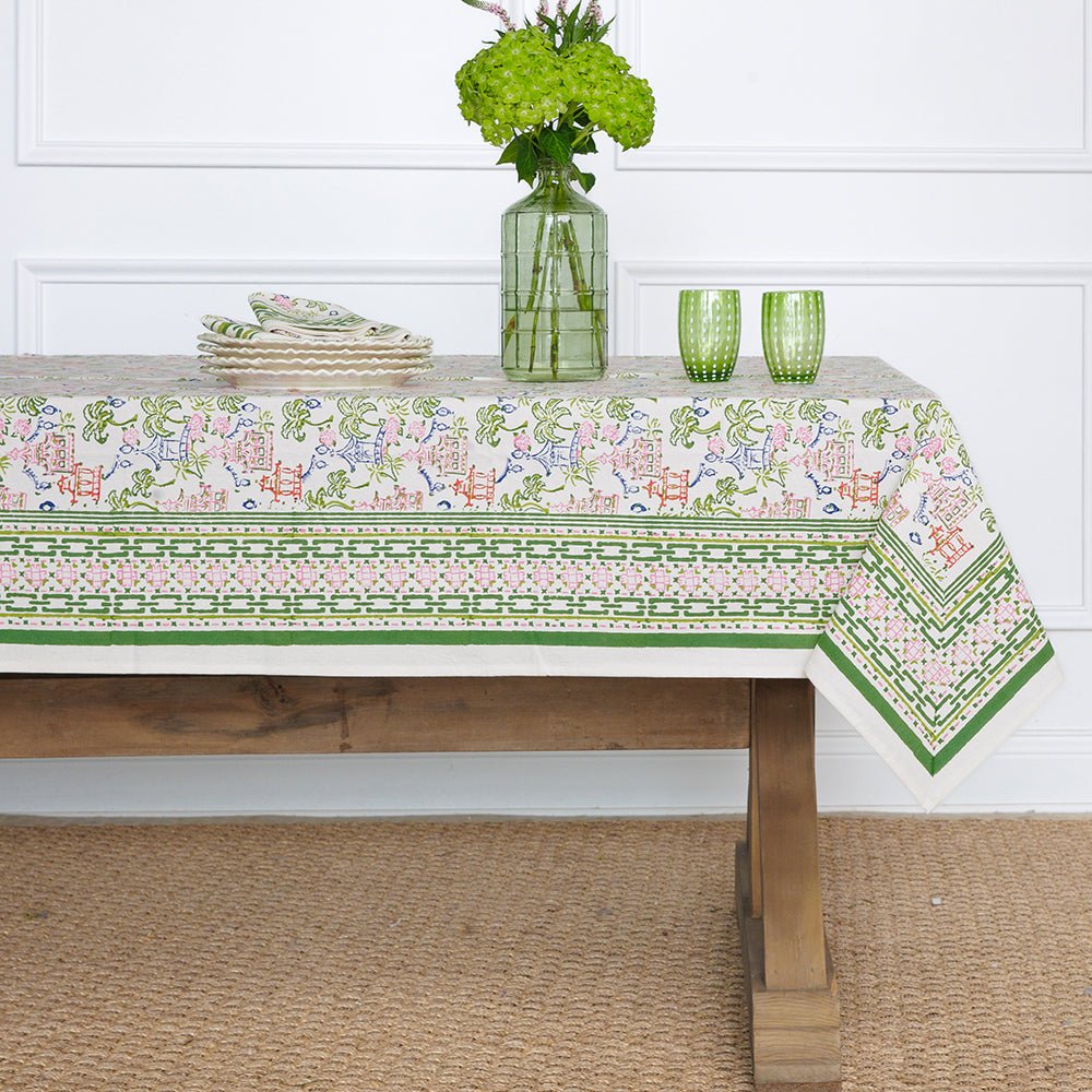 Palms & Pagodas Tablecloth - Pomegranate