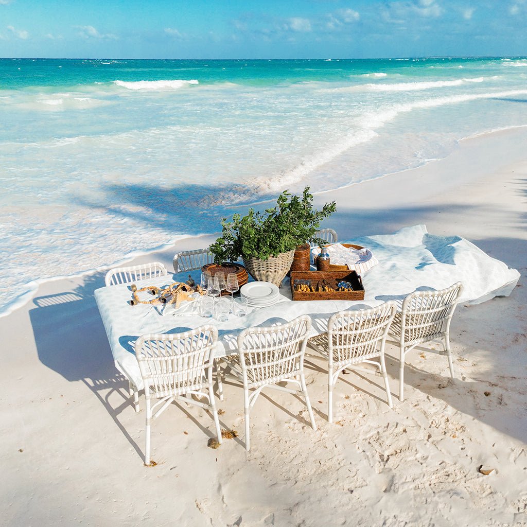 India Hicks Home Paradise Found Saltwater Blue Tablecloth - Pomegranate