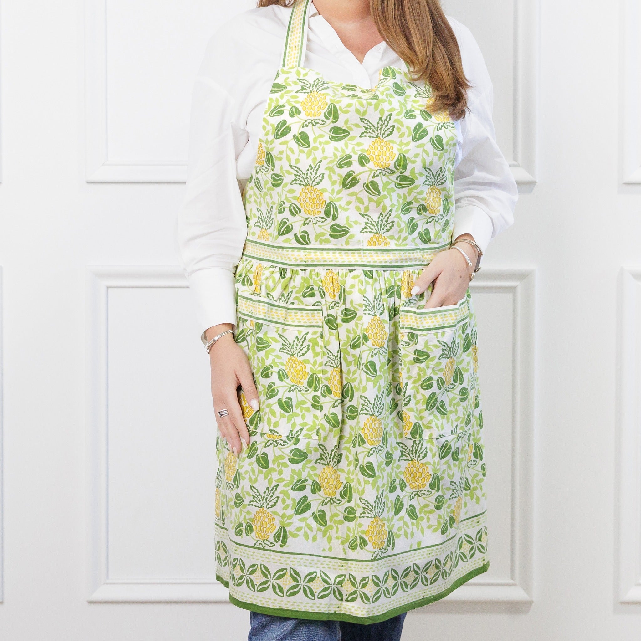 Pineapple Party Green & Yellow Hand Block Printed Cotton Apron