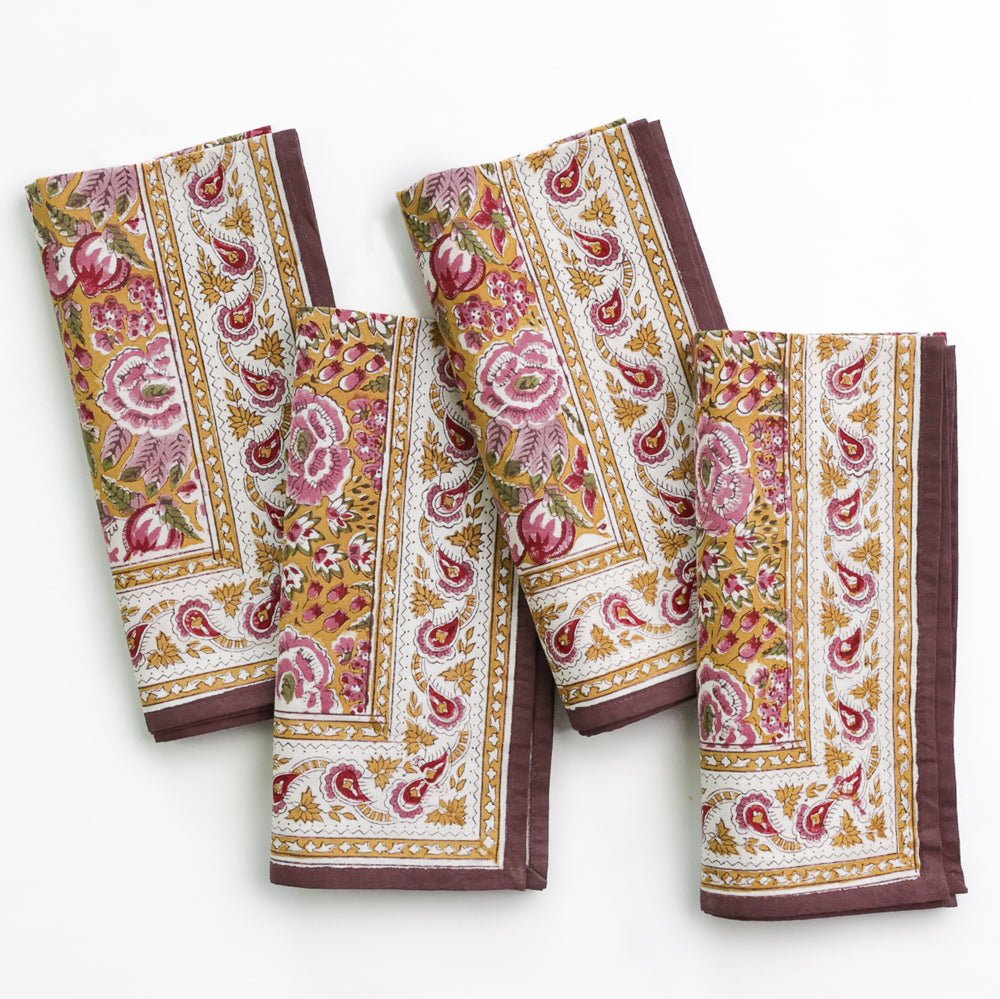 Gold and Purple Hand Block Printed Floral Cotton Napkins