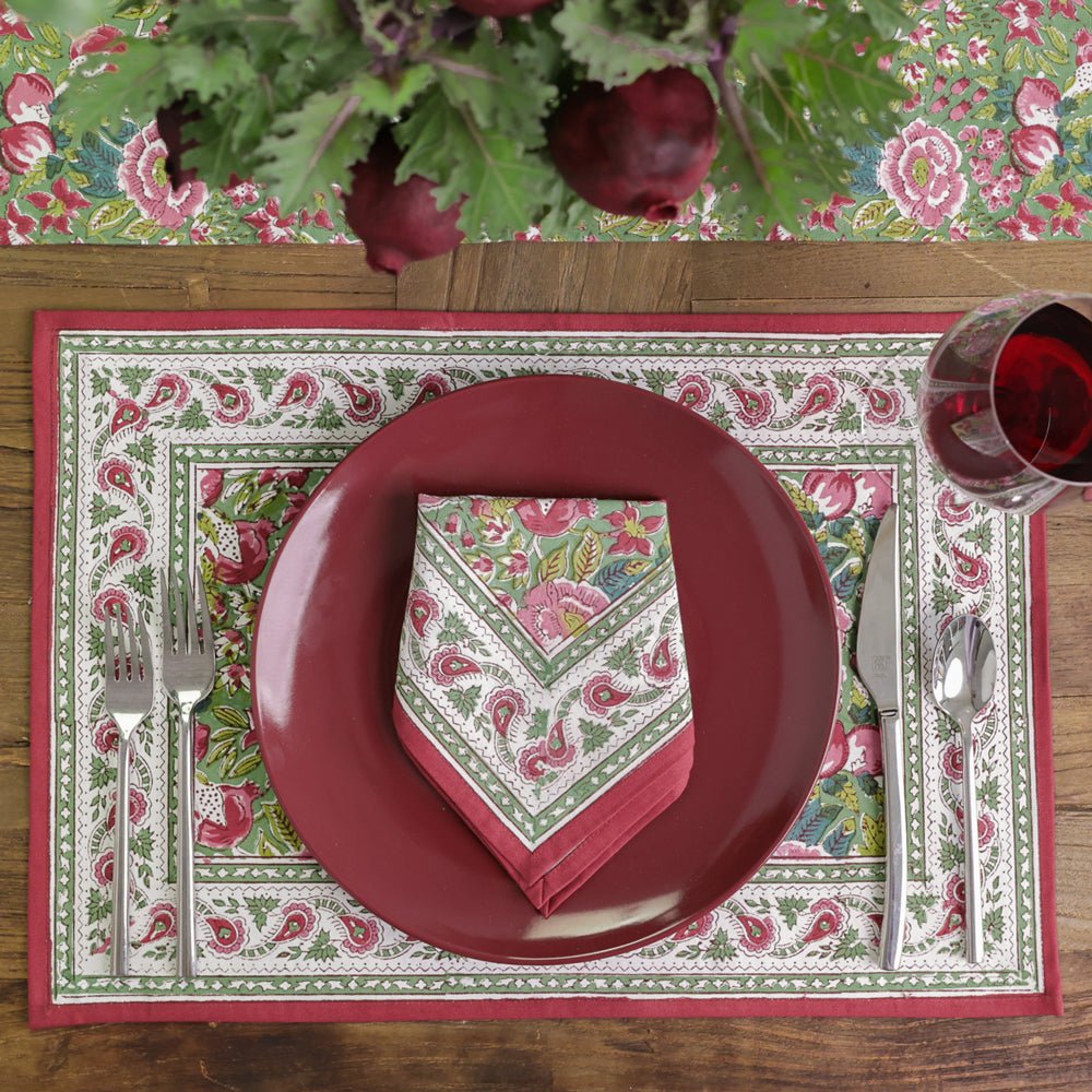 Pomegranate Garden Green & Pink Floral Hand Block Printed Cotton Canvas Placemats