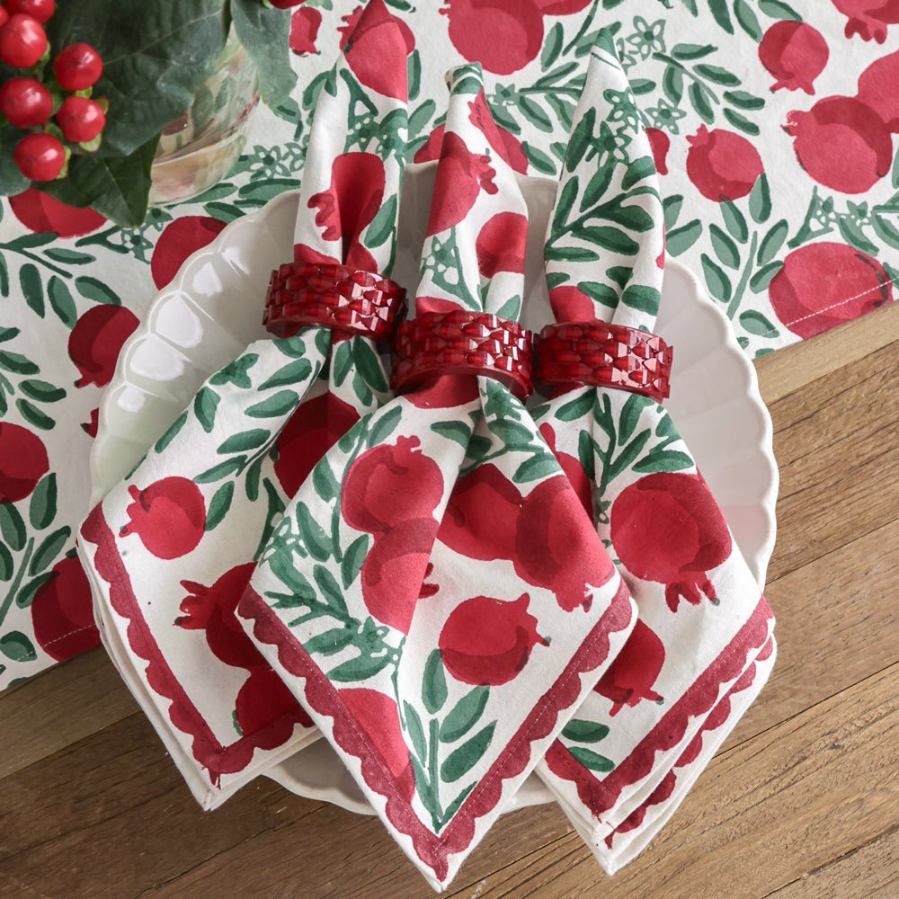 Pomegranate Vine Red & Green Hand Block Printed Cotton Napkins