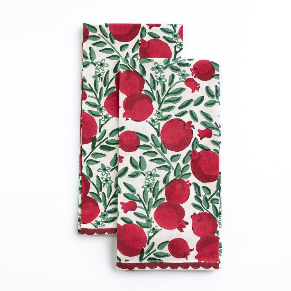 Pomegranate Vine Red & Green Hand Block Printed Cotton Kitchen Tea Towels