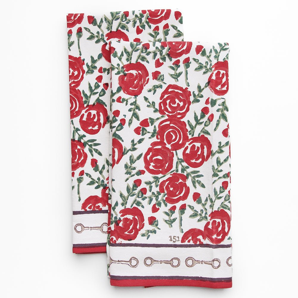 Run For The Roses 151 Equestrian Hand Block Printed Floral Kitchen Tea Towels