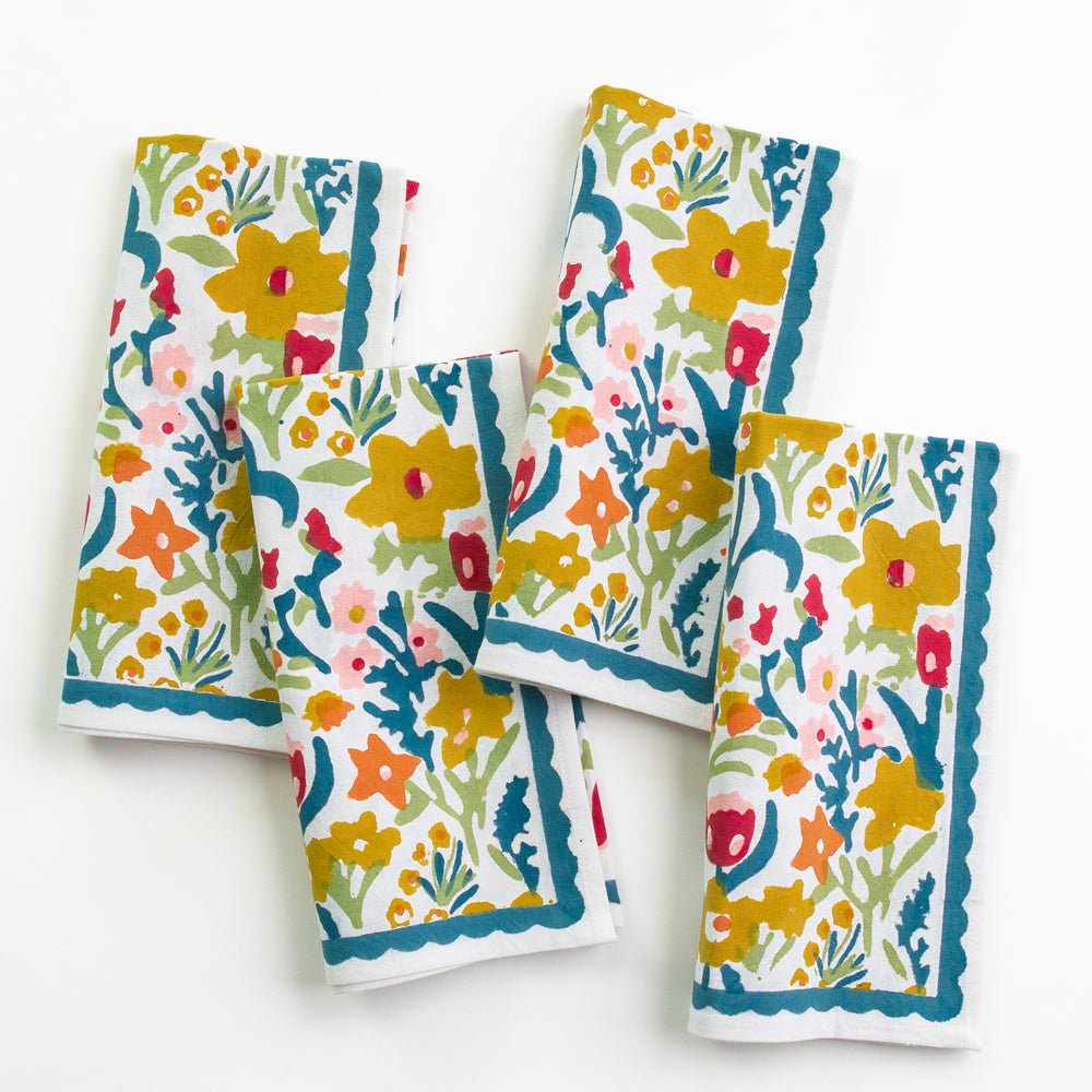 Teal Garden Colorful Hand Block Printed Floral Cotton Napkins on white background