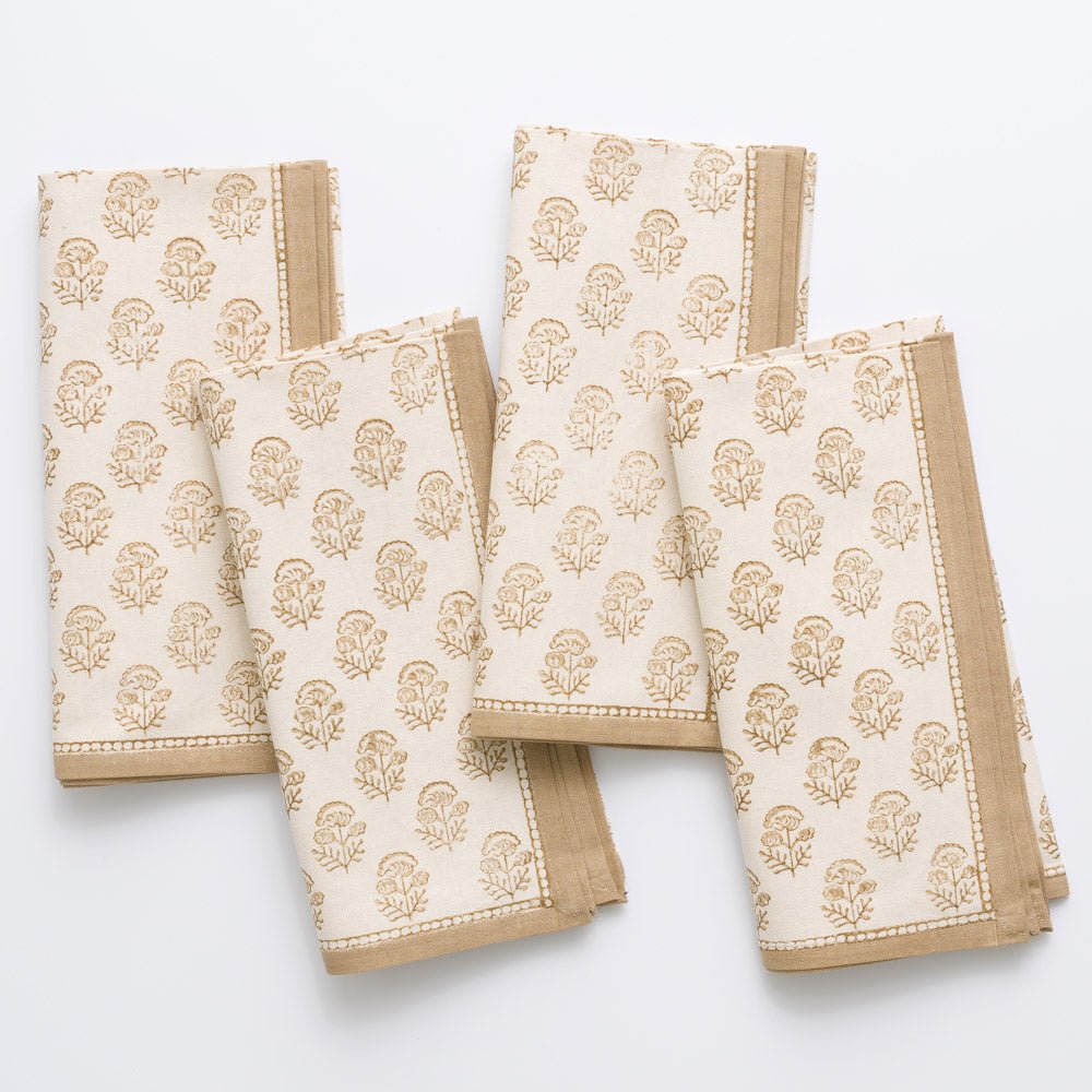 Anika Beige Floral Hand Block Printed Neutral Cotton Napkins