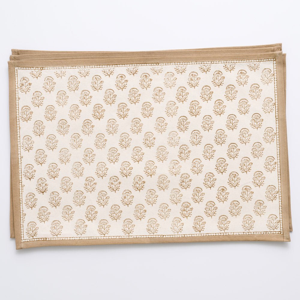 Anika Beige Floral Hand Block Printed Neutral Cotton Canvas Placemats