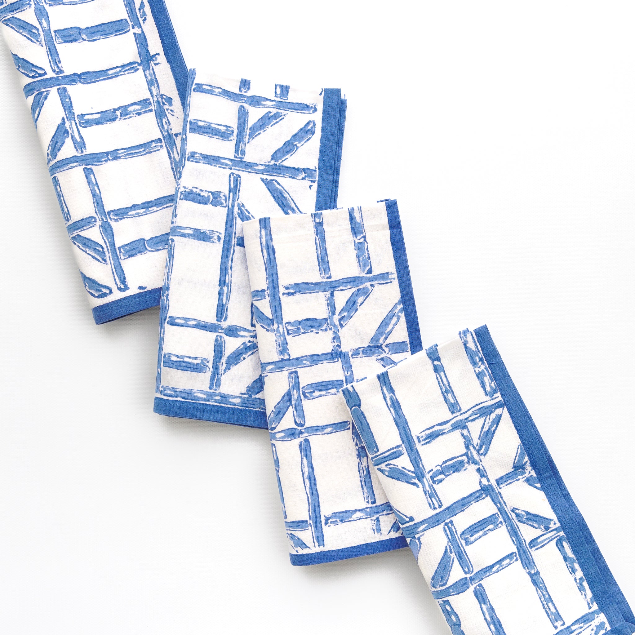 Blue Bamboo Hand Block Printed Geometric Cotton Napkins