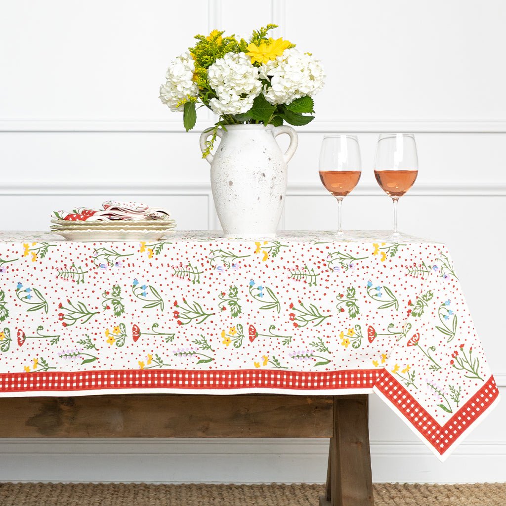 Botanical Garden Gingham Tablecloth - Pomegranate