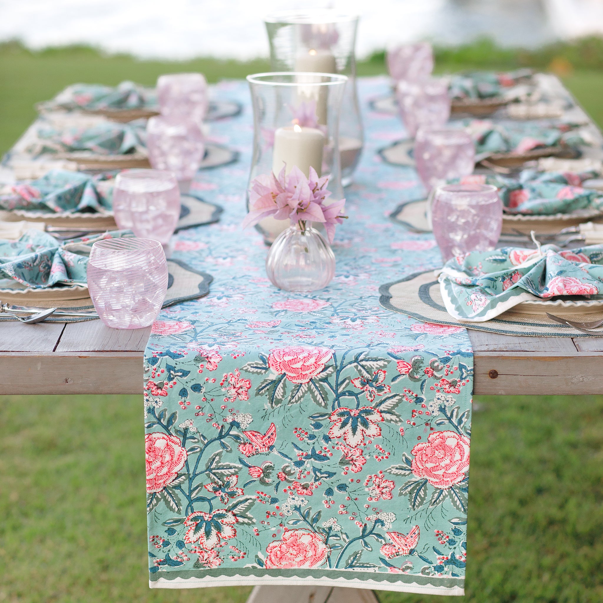 Butterfly Garden Aqua Blue & Pink Hand Block Printed Floral Cotton Canvas Table Runner