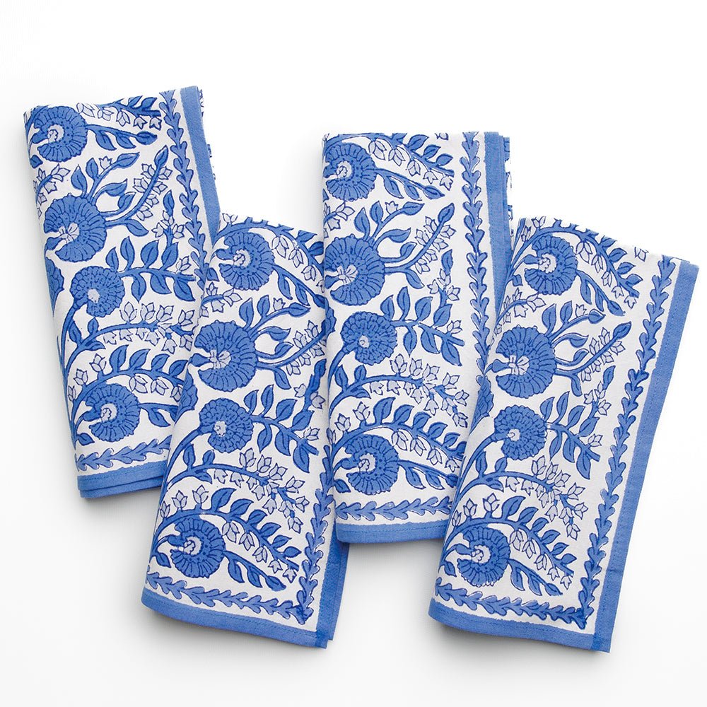 Blue & white floral hand block printed cotton napkins