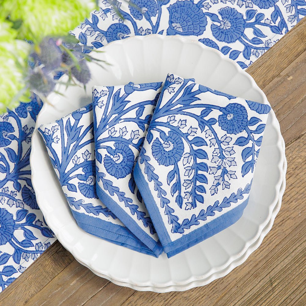 Blue & white floral hand block printed cotton napkins