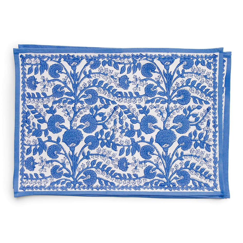 Blue & white floral hand block printed cotton canvas placemats