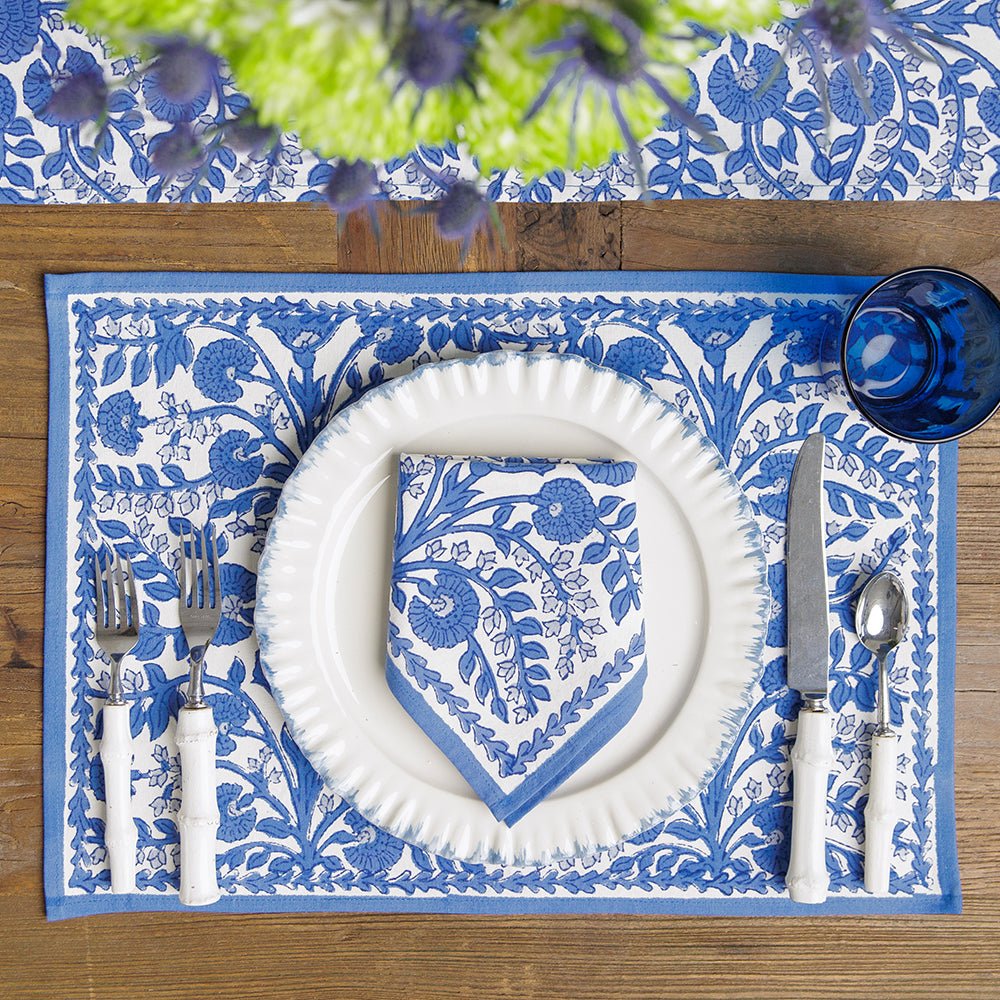 Blue & white floral hand block printed cotton canvas placemats