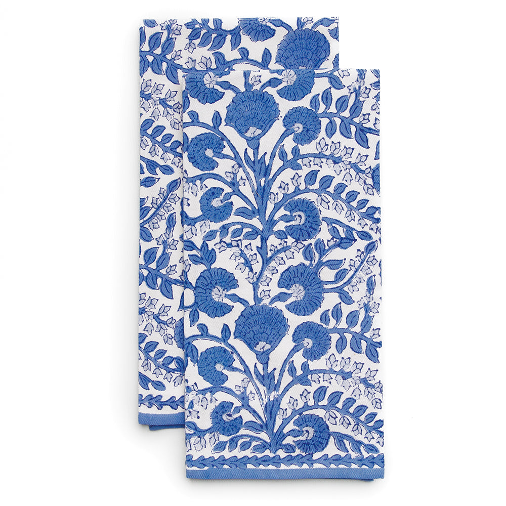 Blue & white floral hand block printed cotton kitchen tea towels
