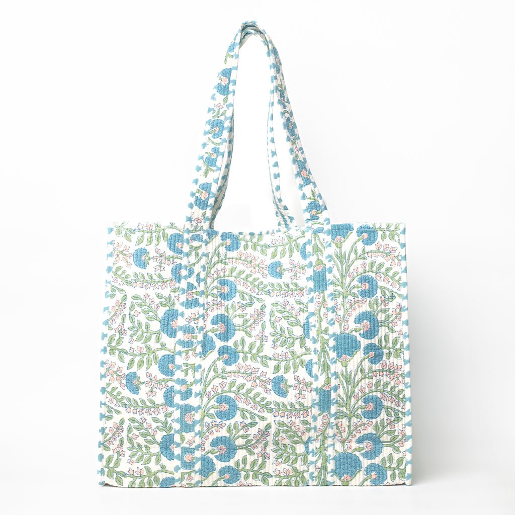Cactus Flower Meadow & Blue Quilted Tote Bag - Pomegranate