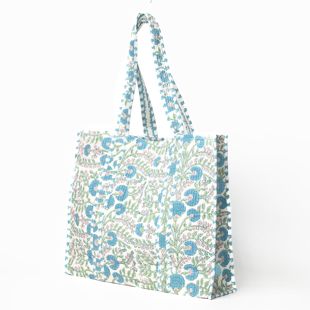 Cactus Flower Meadow & Blue Quilted Tote Bag - Pomegranate