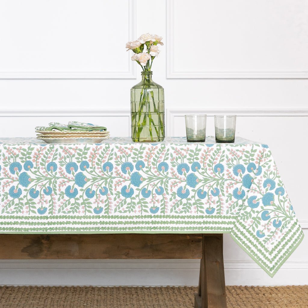 Cactus Flower Meadow & Blue Tablecloth - Pomegranate