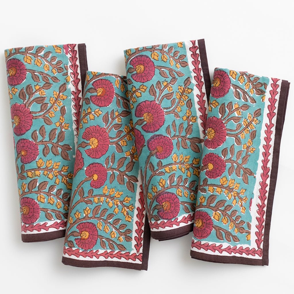 Cactus Flower Teal & Cranberry Napkin | Set of 4 - Pomegranate