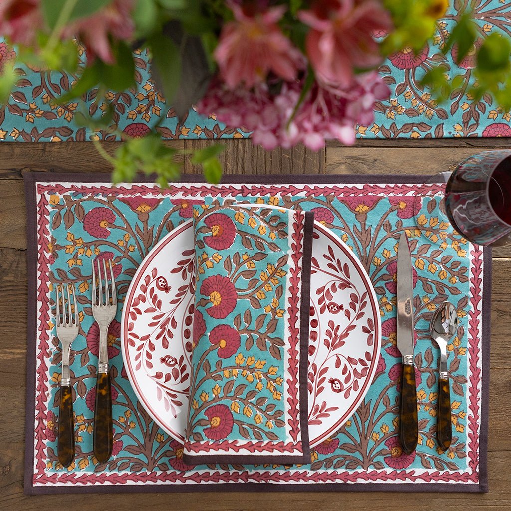 Cactus Flower Teal & Cranberry Placemat | Set of 4 - Pomegranate