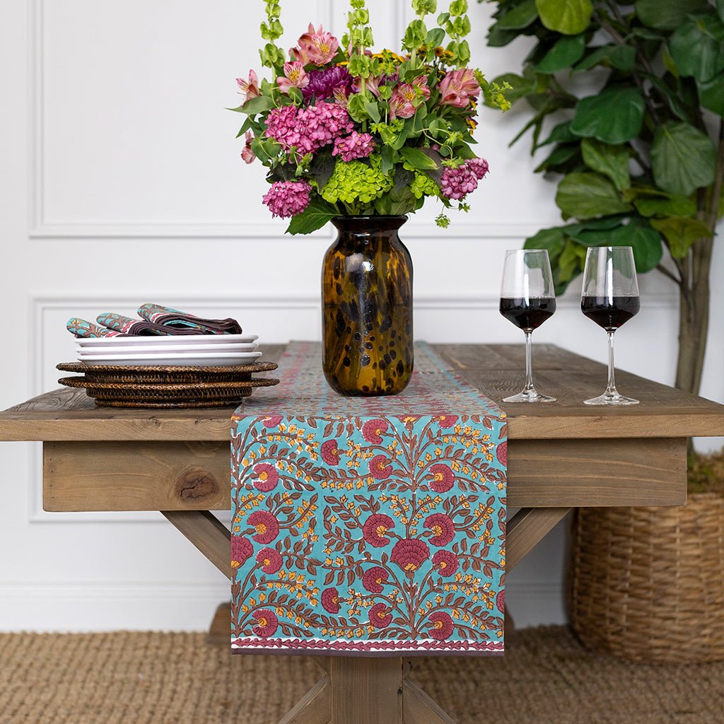 Cactus Flower Teal & Cranberry Table Runner - Pomegranate
