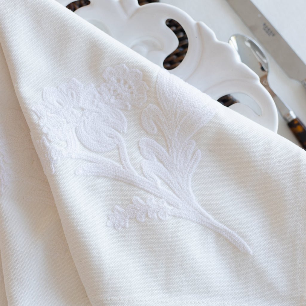 White embroidered fabric with intricate patterns on a white background
