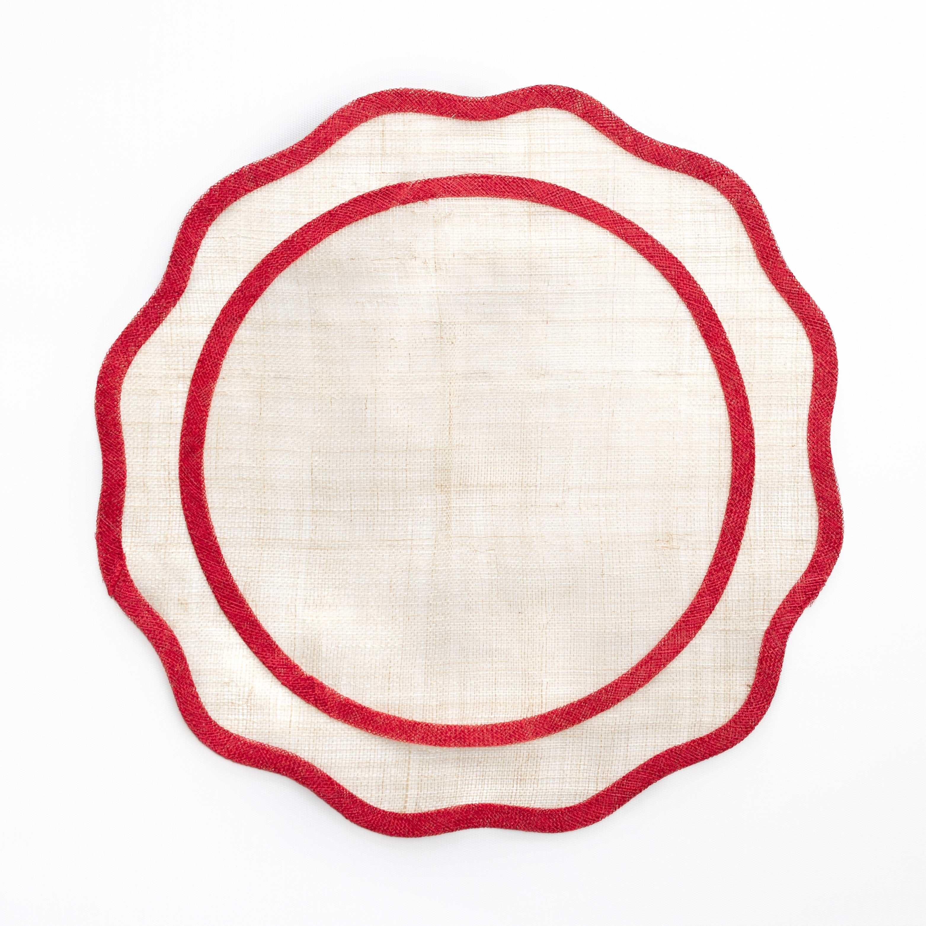Round placemat with red border on a white background