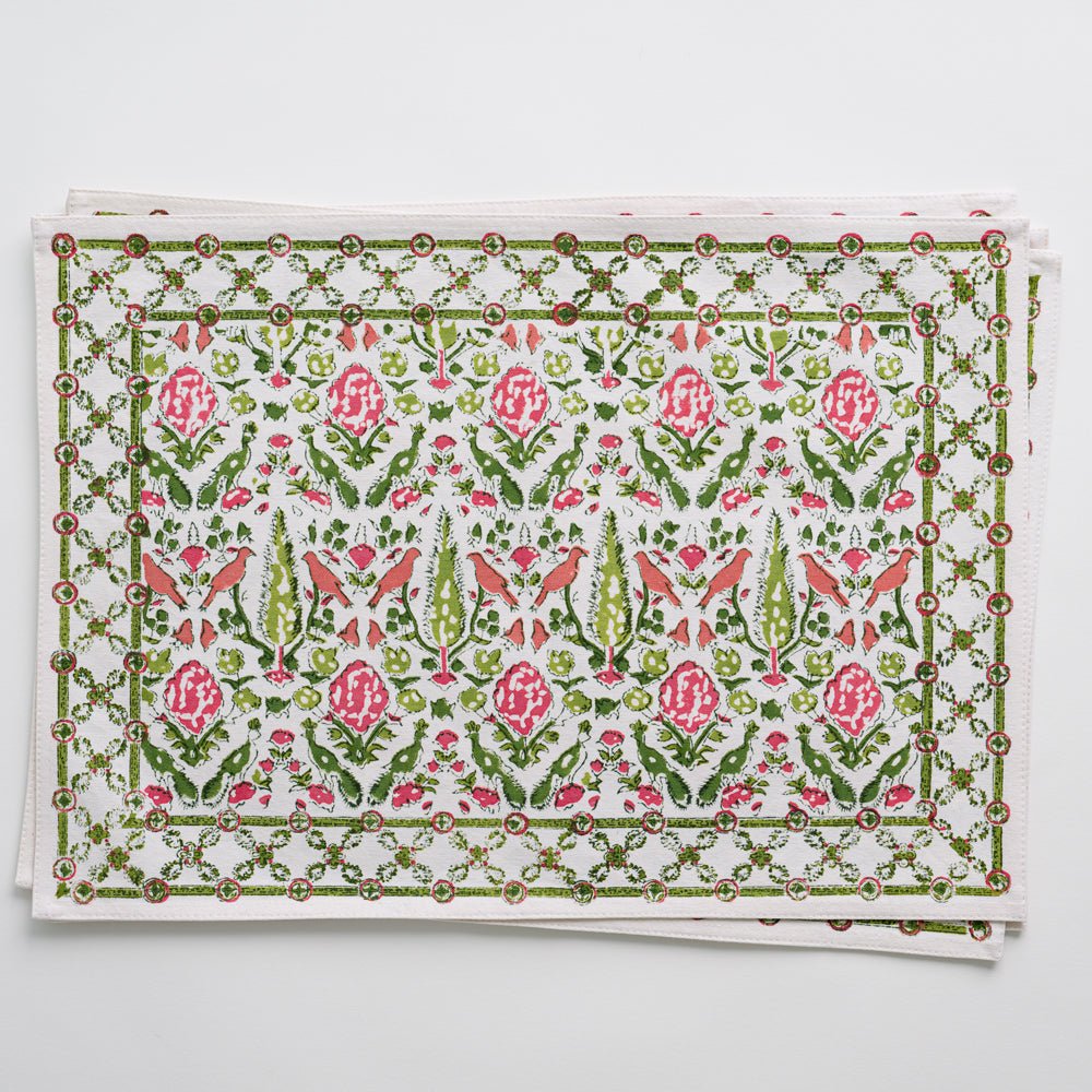 Dove & Cypress Pink and Green placemat with intricate detailing in hues of pink, raspberry, moss, and fern green.