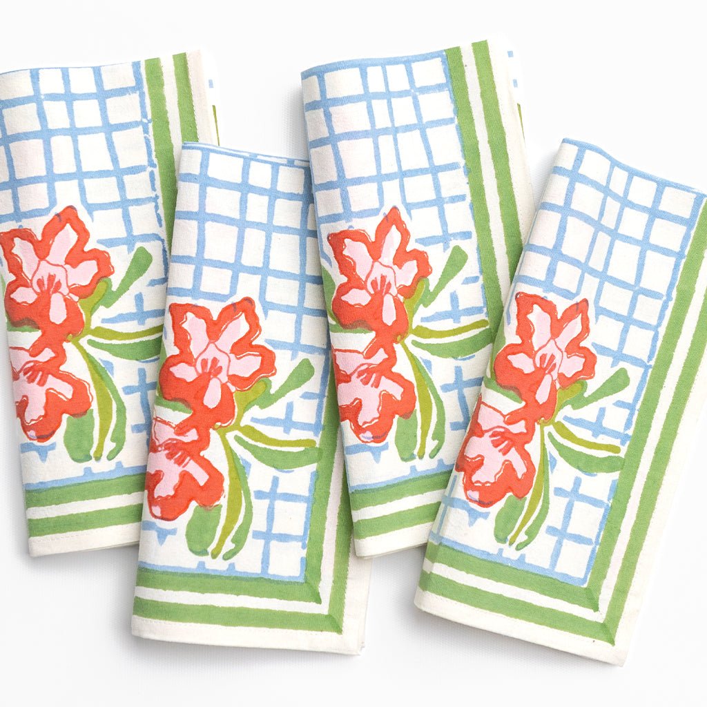 Floral Gingham Napkin | Set of 4 - Pomegranate