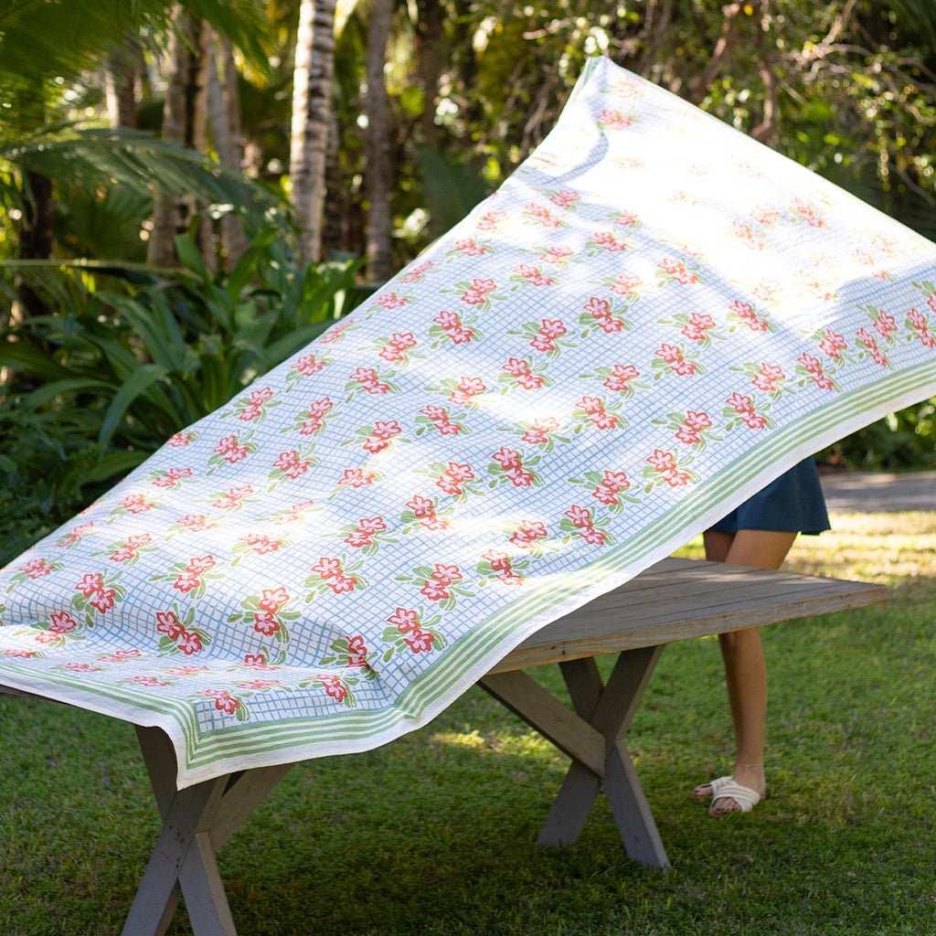 Floral Gingham Tablecloth - Pomegranate