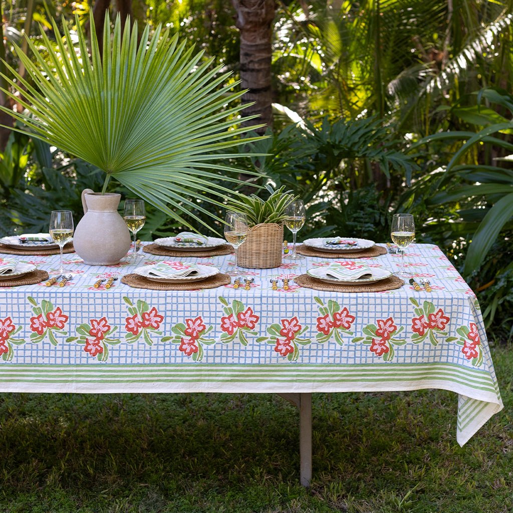 Floral Gingham Tablecloth - Pomegranate