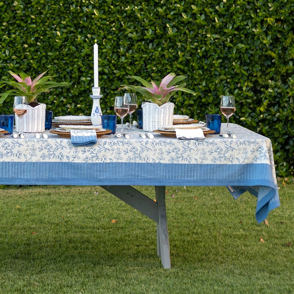 Floral & Berries Blue & White Tablecloth - Pomegranate