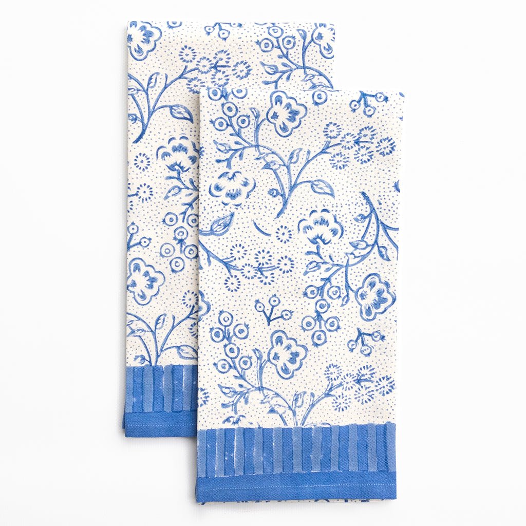Floral & Berries Blue & White Tea Towels - Pomegranate