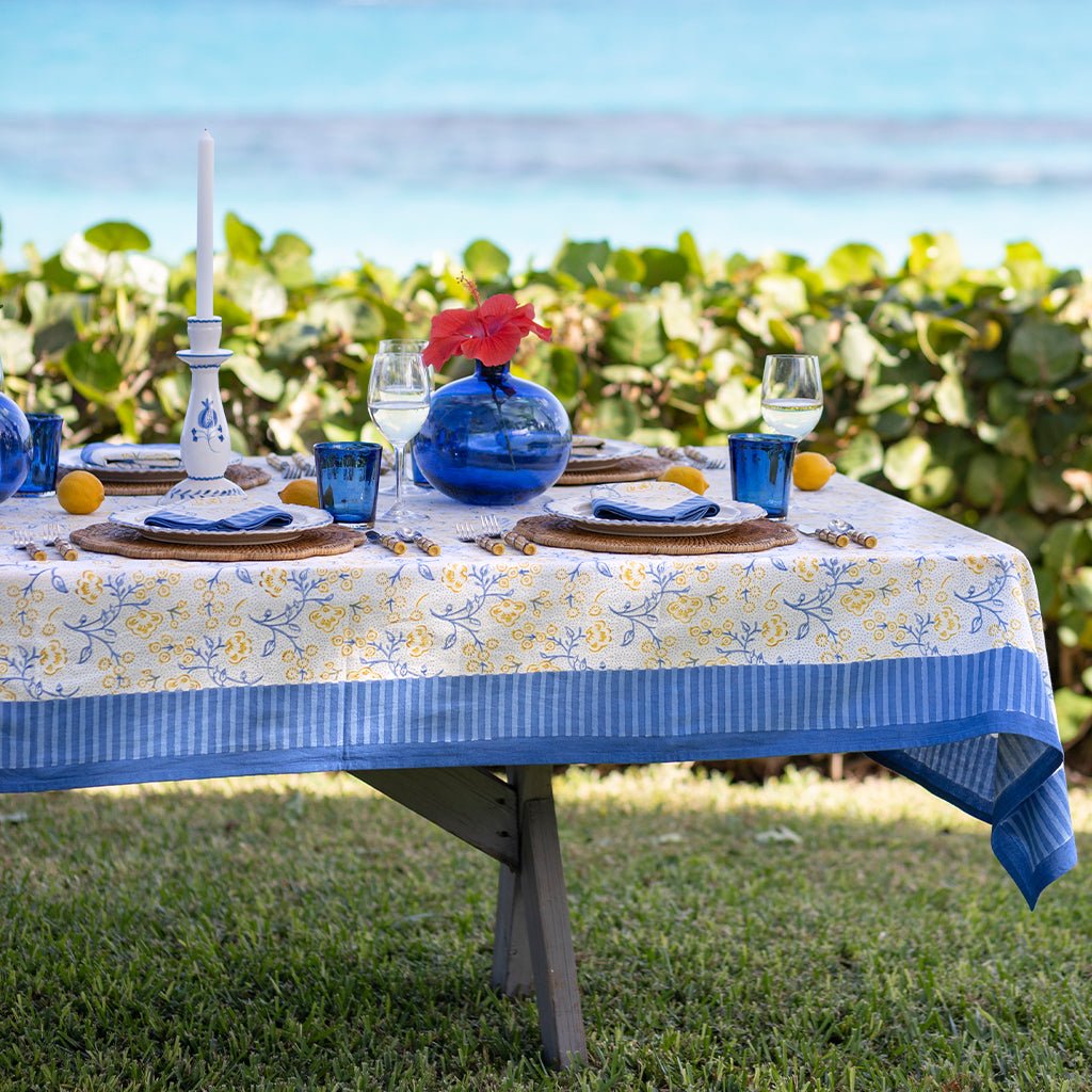 Floral & Berries Blue & Yellow Tablecloth - Pomegranate
