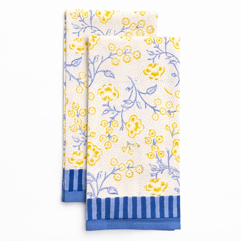 Floral & Berries Blue & Yellow Tea Towels - Pomegranate