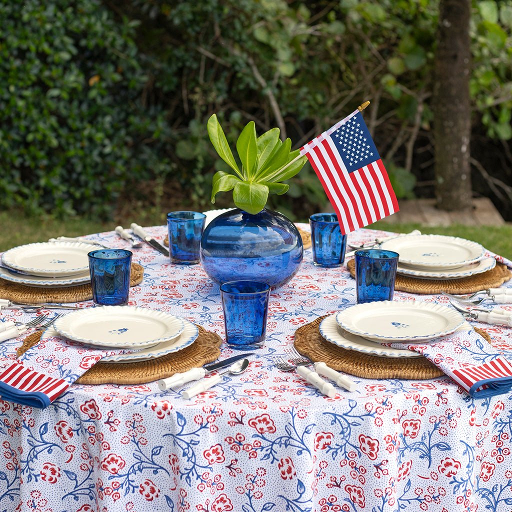 Floral & Berries Red, White & Blue Tablecloth - Pomegranate